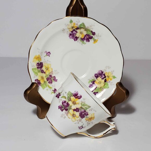 Old Royal Demitasse (Small) Teacup and Saucer Purple Yellow Flowers Vintage - Picture 4 of 9